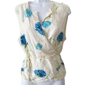 Bob Mackie Linen Wrap Top Sleeveless Floral Embroidered Beaded Festival